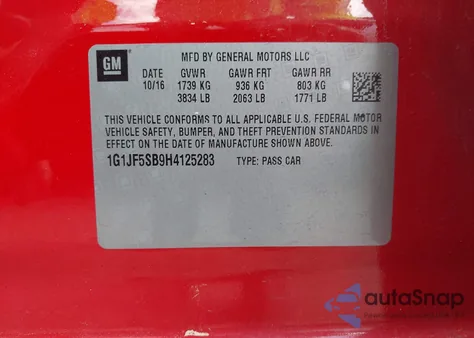 2017 Chevrolet Sonic Premier z USA, uszkodzony, nr VIN 1G1JF5SB9H4125283